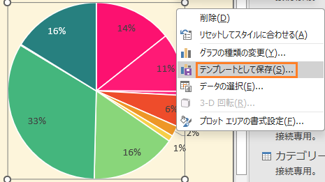 円グラフの色をしていしたら右クリックでテンプレートとして保存