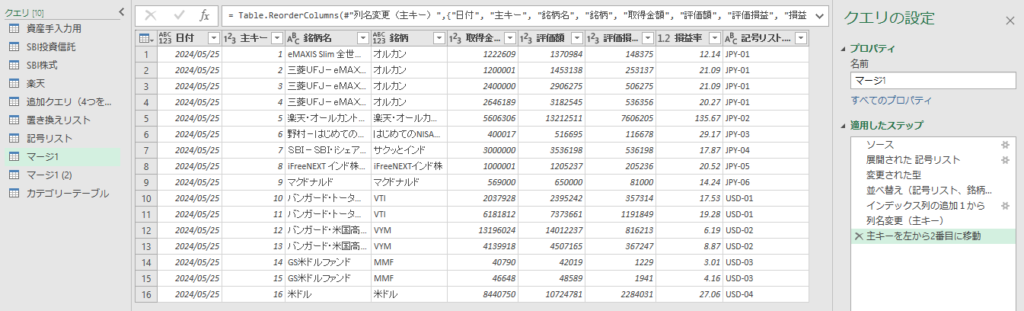 4つのクエリを結合後銘柄、置き換えリストをマージさせた項目