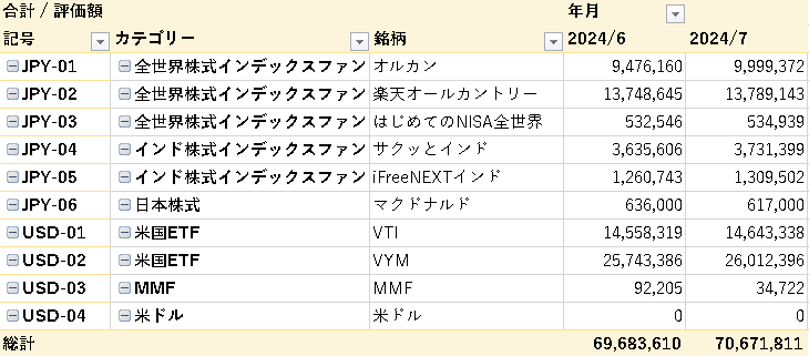 6月、7月のリスク資産ピボットテーブル