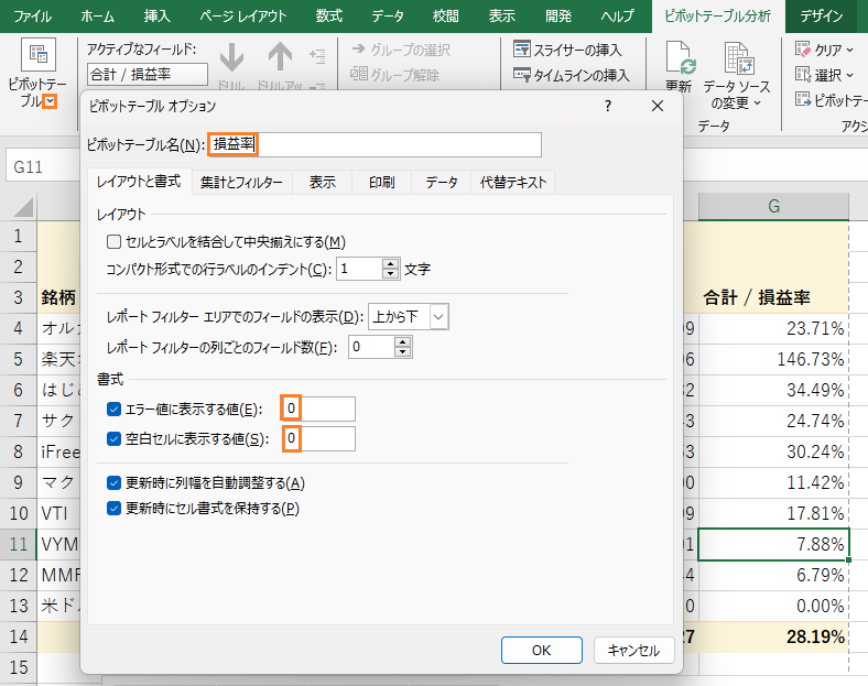 損益率の書式設定