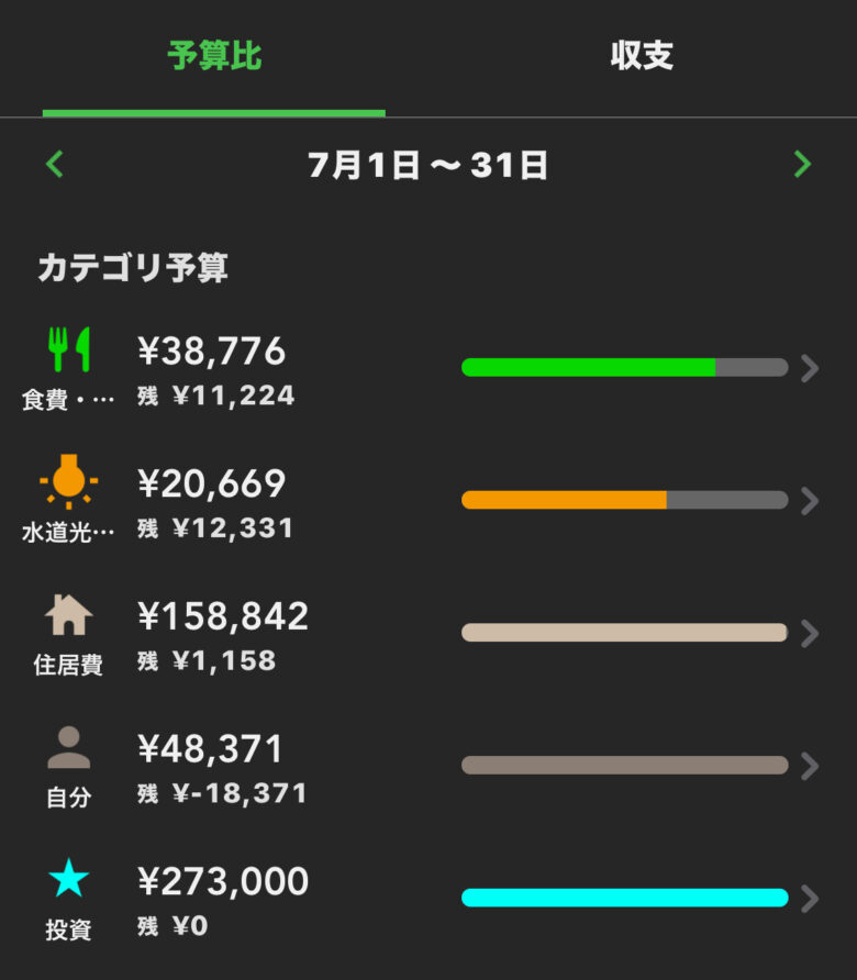 7月のカテゴリー別支出予算比